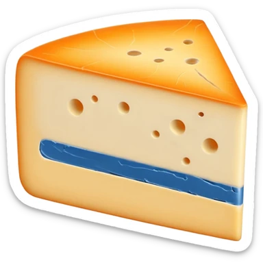 thick slice of Morbier cheese, pale yellow inside, thin blue-grey ash line in the middle, semi-soft dense texture, orange-beige washed rind, visually centered ash stripe, no board or extras, soft lighting, subtle shadows, emoji scale sticker