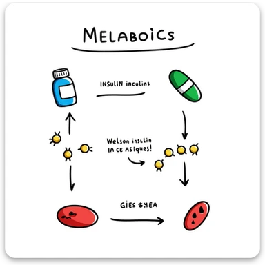 Anti-diabetic visualization with metabolic pathway: colorful flowchart showing blue insulin, green medication pills, yellow glucose molecules, and red blood cells. Hand-drawn educational diagram with arrows showing glucose regulation and insulin sensitivity improvement. sticker