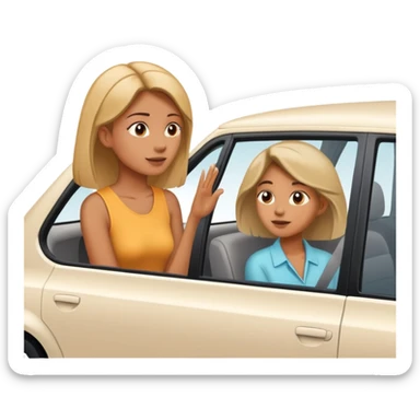 woman leaning talking to person in parked car with window down sticker