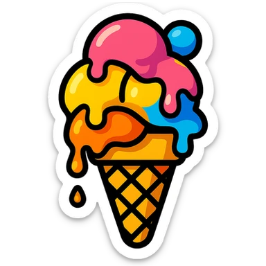summer ice cream cone with melting scoops playful bright style sticker