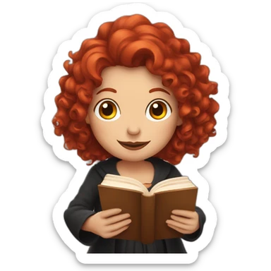 a witch with red curly hair to the shoulders reading a book and drinking coffee sticker