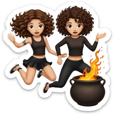 cauldron burst — long wavy brown hair tattooed woman and short tight curly brown hair woman — jumping back sticker