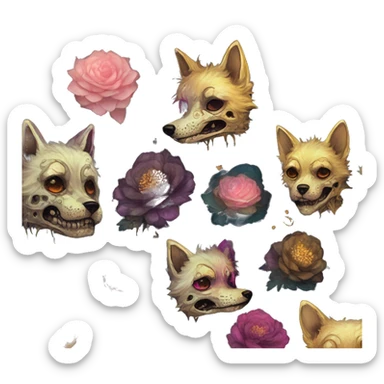 iridescent kintsugi fluffy zombie black brown gold dog fox head zombie skeleton gold mechanical nebula galaxy stars colorful flowers fairy lights vintage zombie sticker