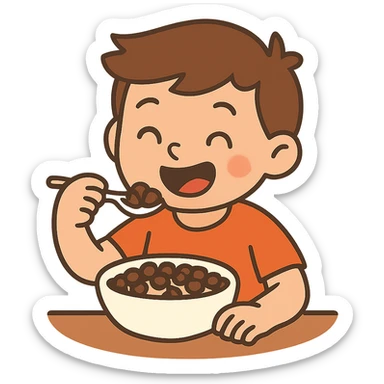 flat toon style kid eating a bowl of chocolate cereal, no background sticker