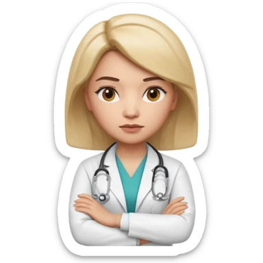 3D memoji style female doctor in medical coat, arms crossed, serious but calm expression, slightly raised eyebrow, professional look, centered, isolated, PNG, transparent background sticker