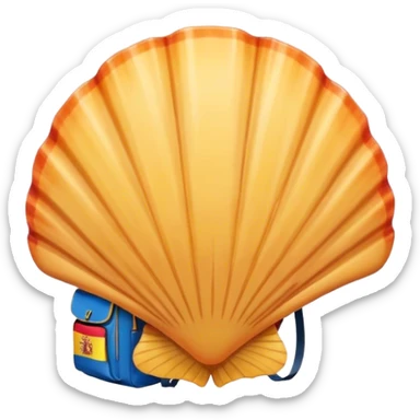 Create an emoji of a scallop shell wearing a backpack with a Spanish country flag attached. sticker