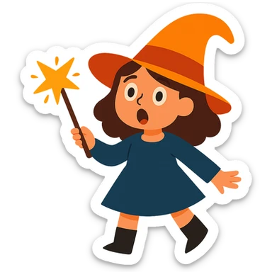 Make the brunette girl witch look surprised, keep her whimsical and magical, vibrant toon style, no background. sticker