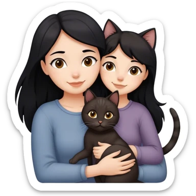 happy girl with black hair hugging three cats  (dark brown cat, full gray cat, brown calico cat) sticker