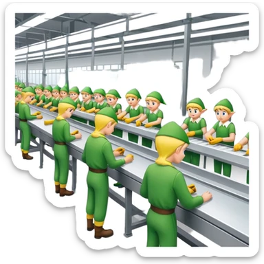Elves doing manual labor in a long assembly line  sticker