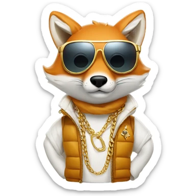 fox wearing a white puffer vest and sun glasses and a gold chain sticker