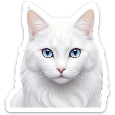 Cinematic Noble White Cat Portrait Emoji, Poised and stately, with a pristine, snow-white fur accented by delicate hints of silver, refined whiskers and a serene, focused gaze, simplified yet impeccably detailed, glowing with an ethereal radiance and timeless elegance, high shine, exuding calm intelligence and regal simplicity, soft glowing outline, capturing the essence of a noble white cat that radiates quiet majesty! sticker