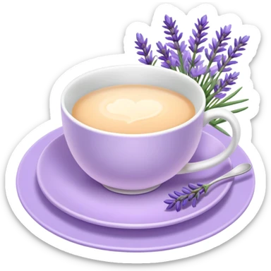 White teacup on a pastel purple plate, lavender flowers on the side, pastelcore aesthetic sticker