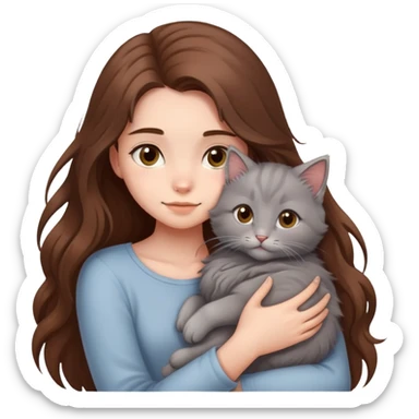 A girl with long hair tightly hugged a kitten sticker