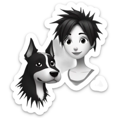 dog and a dark-haired girl with spiky hair looking at each other in style of ((sarah andersen)), black and white sticker