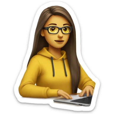 female coder with apple laptop in front of her, very long straight brown hair, brown eyes, facing the right side looking at the laptop, yellow sweatshirt,  glasses sticker