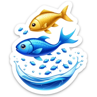 Golden omega-3 fish oil capsule with small fish swimming around it, blue liquid waves, brain and heart benefits visualization sticker