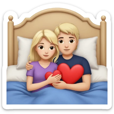 two people cuddling in bed. man has dark hair. woman is blonde. hearts surrounding them. sticker