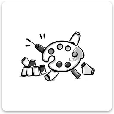 A set of artist's paints with tubes and a watercolor palette in pastel colors (dd9fb0, ffc6d3, a3bfc9, c4bee2, f1b091), hand-drawn doodle style sticker