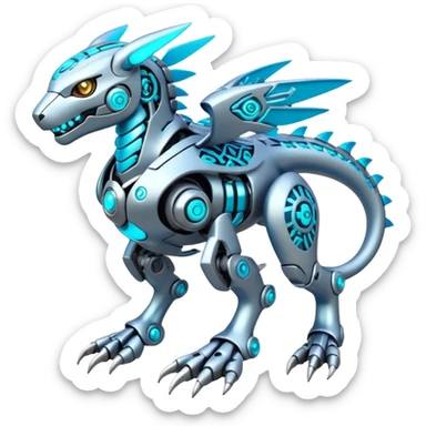 Futuristic mechanical cyborg modern badass cool shiny metallic alloy  white with glowing cyan-blue animal Digimon Fakémon hybrid full body with intricate patterns sticker