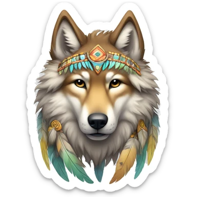 Fluffy Shy Colorful Spiritual Shamanic Wolf With Shiny Tribal Markings wearing feathers Full Body sticker