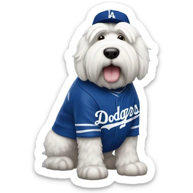 Old English Sheepdog full height wearing a Los Angeles dodgers baseball jersey sticker