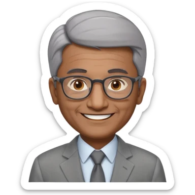 60 yr old indian man, short straight dark grey hair brushed foreward , light grey business suit, big smile, dark brown skin, no moustache, dark brown eyes, glasses
 sticker