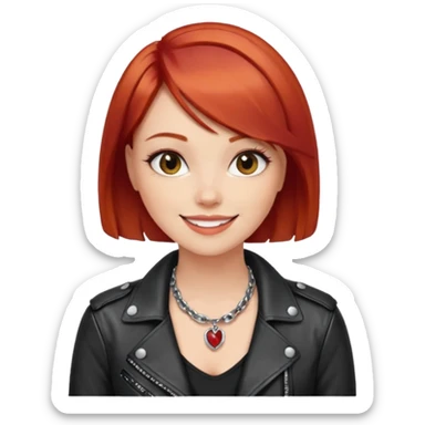 young fashionable woman, bob cut red hair, leather jacket, statement necklace, smiling sticker
