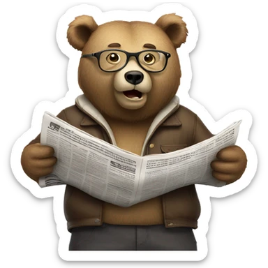 bear standing on boat wearing glasses reading newspaper sticker