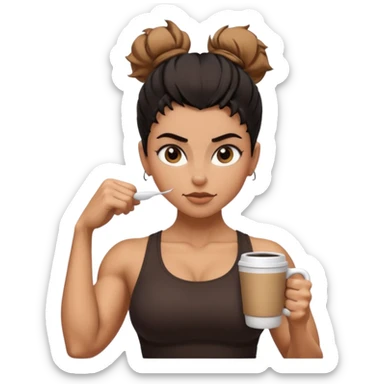 Caramel skinned toned female with black messy bun and coffee colored almond shaped eyes; flexing muscular toned biceps sticker