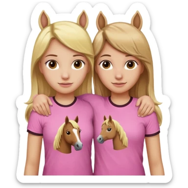 Two Girls with their arms around each other at summer camp one blonde one brown hair brown hair wearing pink horse shirt sticker
