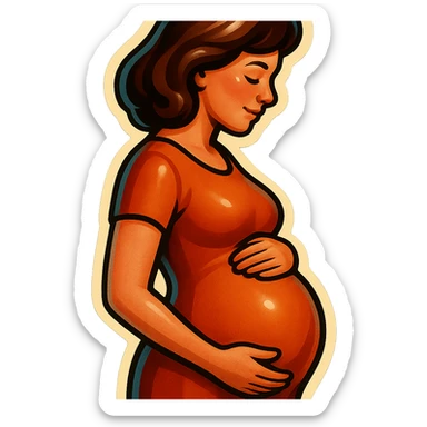 pregnant woman half-length portrait, standing sideways, holding belly, face and head fully in frame, retro stickers style, soft rounded shapes, expressive contours, vintage color palette, light paper texture, shadows and highlights, transparent background, different hairstyles and dresses sticker