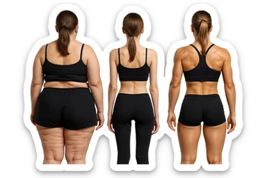 fai una donna di spalle in gym shorts leggermente sovrappeso e con cellulite e accanto una seconda donna di spalle magra (che è dimagrita post dieta) e accanto una terza donna in forma allenata e con le giuste proporzioni, l'immagine deve rappresentare il processo: da donna grassa, a donna piatta e magra, a donna allenata e in forma con i giusti muscoli, iperrealistico 4k sticker