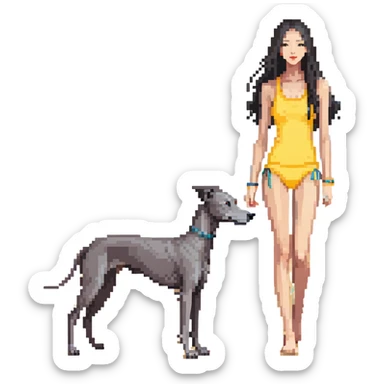 Slim Chinese woman with long black hair in appropriate beach attire at the beach with her completely solid grey Italian greyhound, ocean and sand visible, the dog has absolutely no white markings anywhere sticker