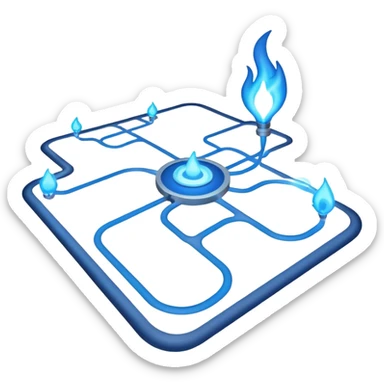 a map with a glowing blue flame on the x and networking paths sticker