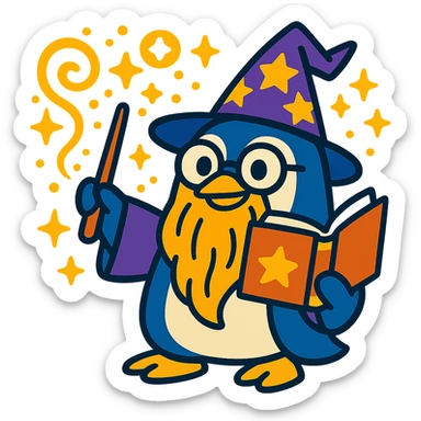 cartoon penguin wizard with glasses, a long beard, and a spellbook, surrounded by magical effects sticker