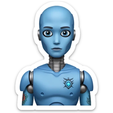blue Tatooed robot, big many tatooes on chest, neck and face, tatoo on face sticker