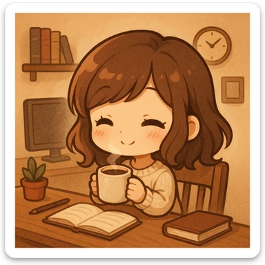 chibi style, girl at desk, holding coffee cup, warm atmosphere sticker
