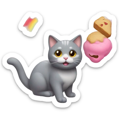 A gray cat with a happy face. Its body is a pink frosted cookie with paws sticking out. A rainbow trail follows behind, showing it's flying through space sticker