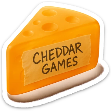 Add a piece of torn tape to the side of the cheese wedge that says 'Cheddar Games' in messy Sharpie handwriting. Keep the cheese wedge exactly the same style: hyper-realistic, glowing, retro semi-transparent plastic. No sticker effect or style change to the cheese wedge. The style is hyper-realistic, glowing, retro semi-transparent plastic with no background. sticker