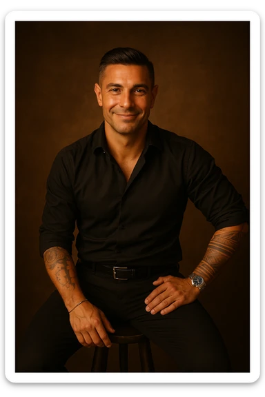 Realistic and cinematic style portrait of a man highlighting health and vitality: healthy skin, lively eyes, expression of satisfaction and serenity, warm atmosphere, details suggesting psychophysical balance. Aspect ratio 2:3. sticker