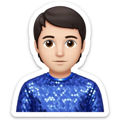 Jeff McCracken with dark brown hair, periwinkle sequin outfit sticker