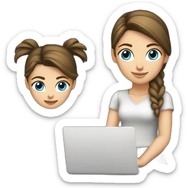 front-view-of-young-white-tan-woman-blue-eyes-brunette-pony-tail-using-a-laptop sticker