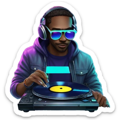 A dj wearing sunglasses playing music holding a cd record record, vinyl, oilslick holographic blacklight inverted graffiti dark dull sticker