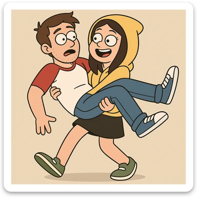 A man Raglan sleeves with Red t-shirts blue jeans white shoes carried by a cute a girl yellow hoodie black skirt green shoe  sticker