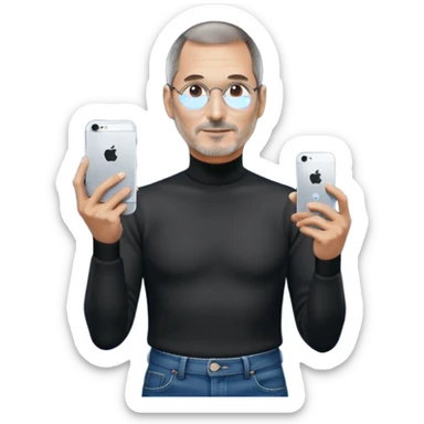 Steve Jobs is holding an iPhone with its hand in a stage sticker
