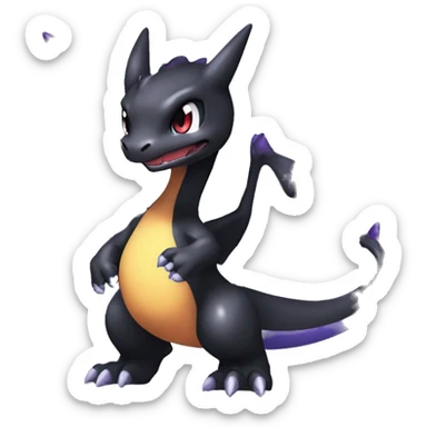 Black shiny chibi Mega-Charizard-X-Raptor-Fakémon with purple full body sticker