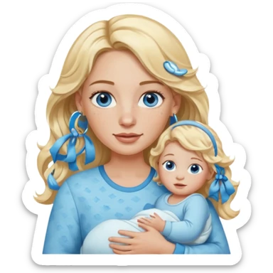 Wavy blonde, white woman with blue eyes, freckles hoop earrings, holding babies sticker