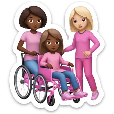 One dark skinned sister and one light skinned sister pushing her light brown sister in a pink wheelchair sticker