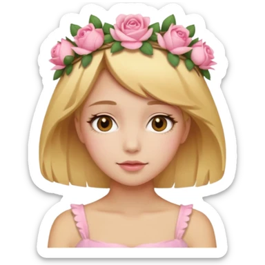 Light golden skin female, short honey-blonde hair, wearing a soft pink rose crown. sticker