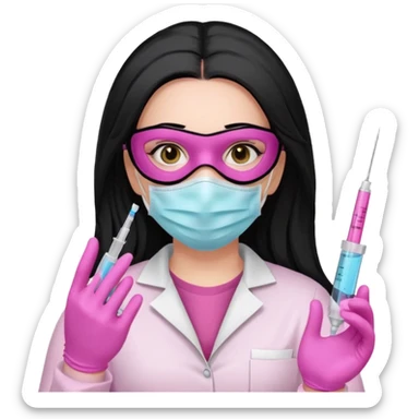 laboratorista con guantes rosa y mascarilla rosa  jeringa tubos  pelo negro largo triguella sin lentes pelo lacio negro y largo  sticker